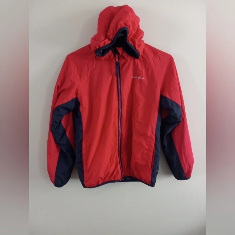 EDDIE BAUER HOODED REVERSIBLE PUFFY/FURRY FLEECE JACKET Youth size 10/12